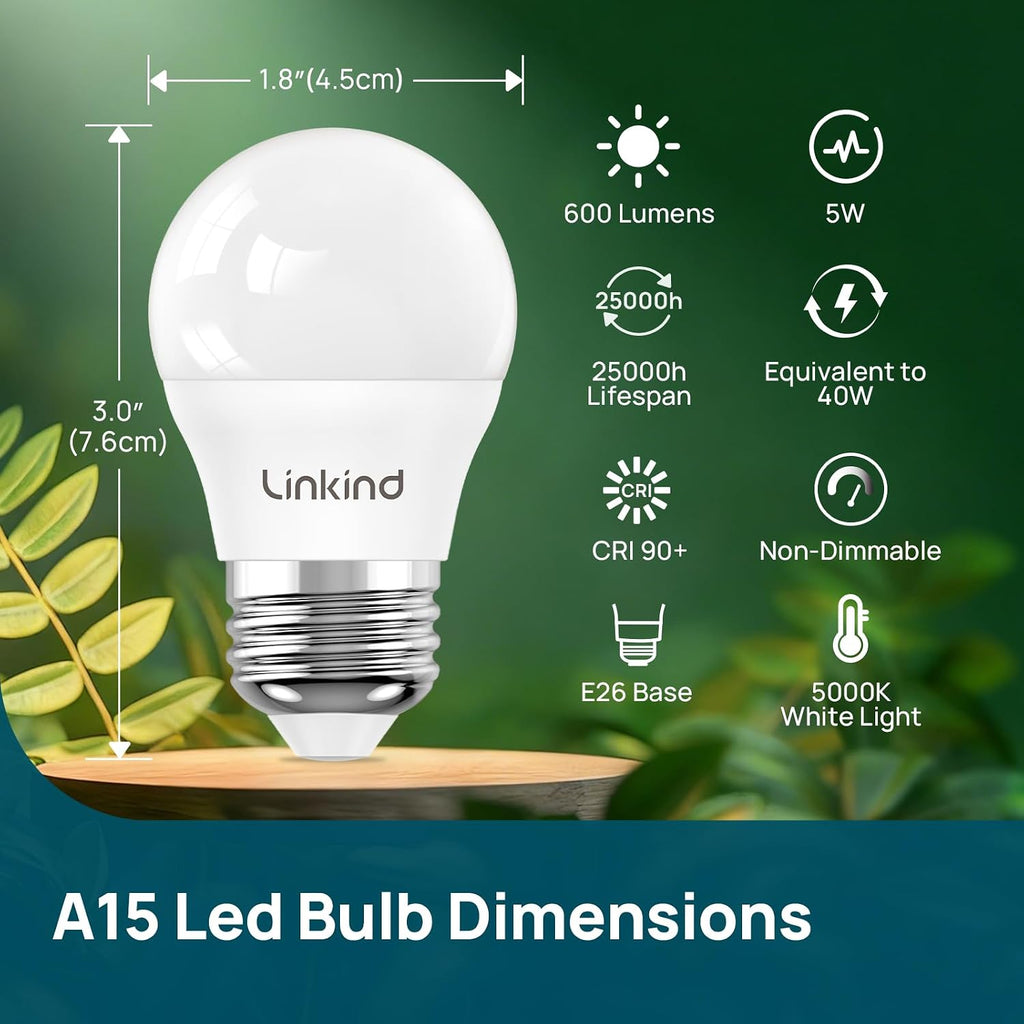 Led Refrigerator Light Bulbs, A15 Fridge Light Bulbs 40 Watts Equivalent Waterproof, 600LM Appliance Light Bulb 120V (2 Pack)