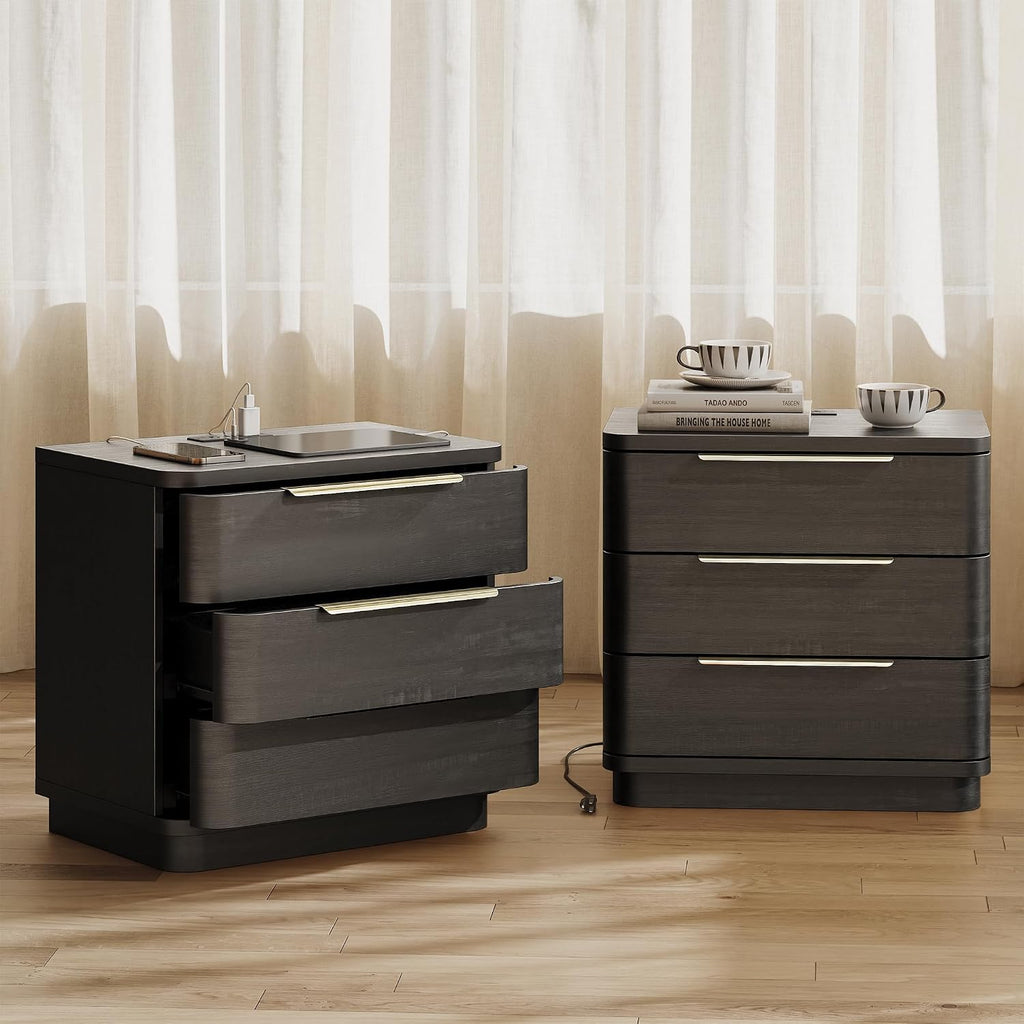 Black Nightstand with Charging Station, Modern Wood Nightstand Black Bedside Table, Wooden Nightstands with 3 Drawers