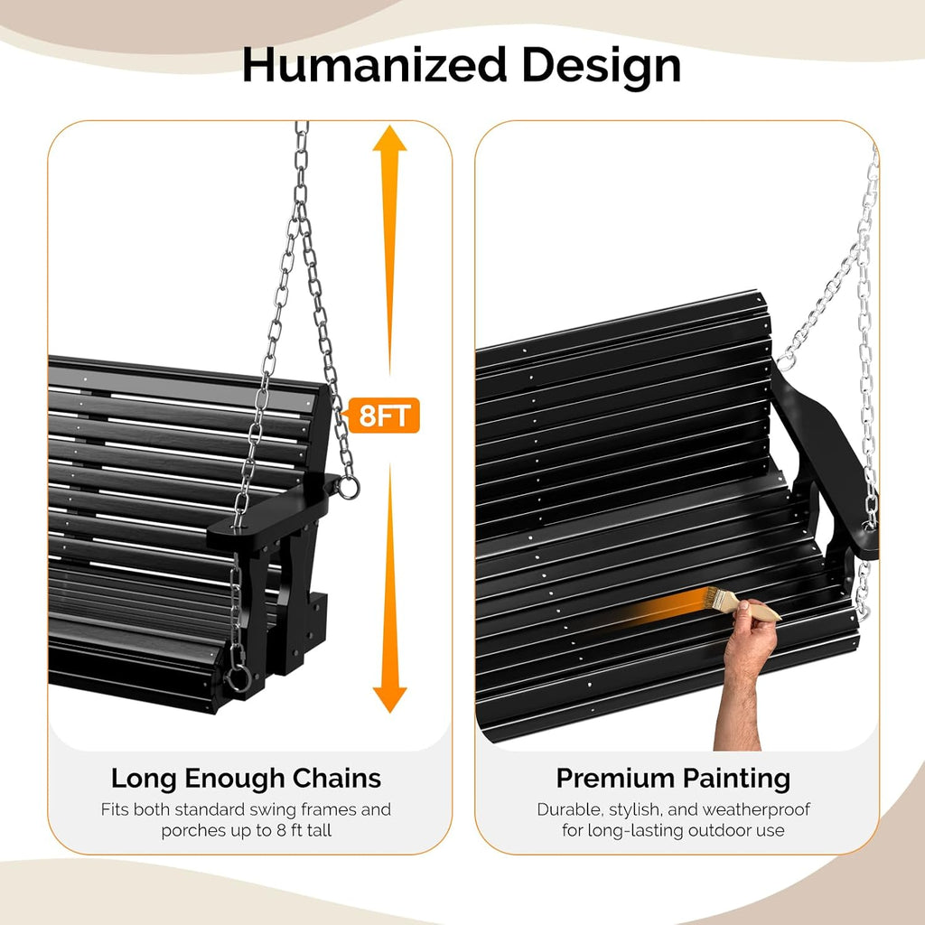 2026 Upgraded 4 FT Wooden Porch Swing, 880 LBS Heavy Duty, Black | 2026 Upgraded Design; Heavy-Duty Wooden Swing;
