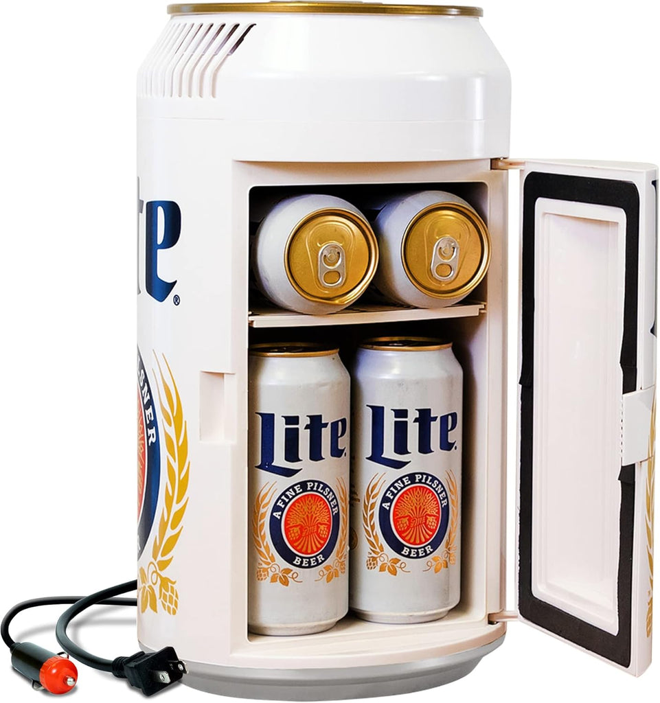 Miller Lite 8 Can Thermoelectric Mini Fridge 5.4 L/ 5.7 Quarts Capacity, 12V DC/110V AC cooler for home, den, dorm