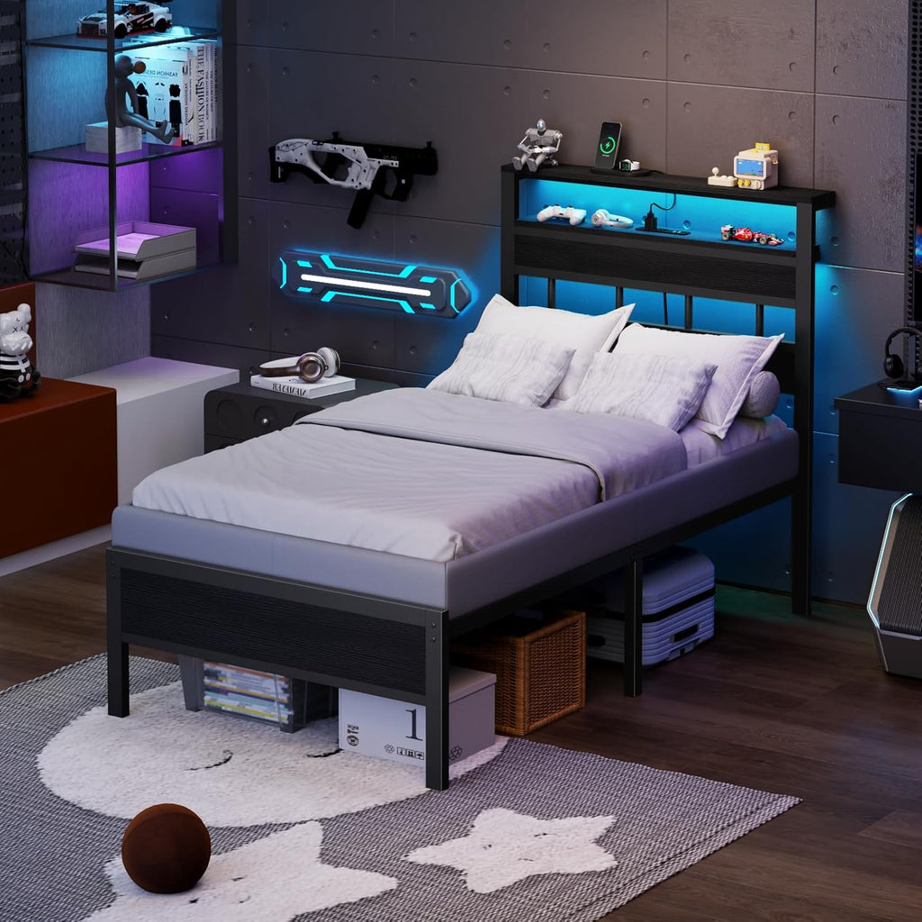 Twin Bed Frames with Charging Station and LED Lights, Twin Platform Bed with Metal Slats