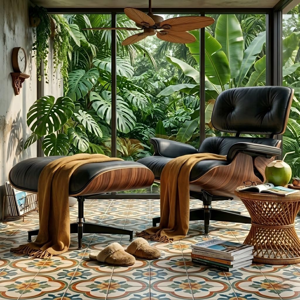 Mid-Century Modern Lounge Chair & Ottoman — Black Bonded Grain Leather, Walnut Base, Wide Tall Back