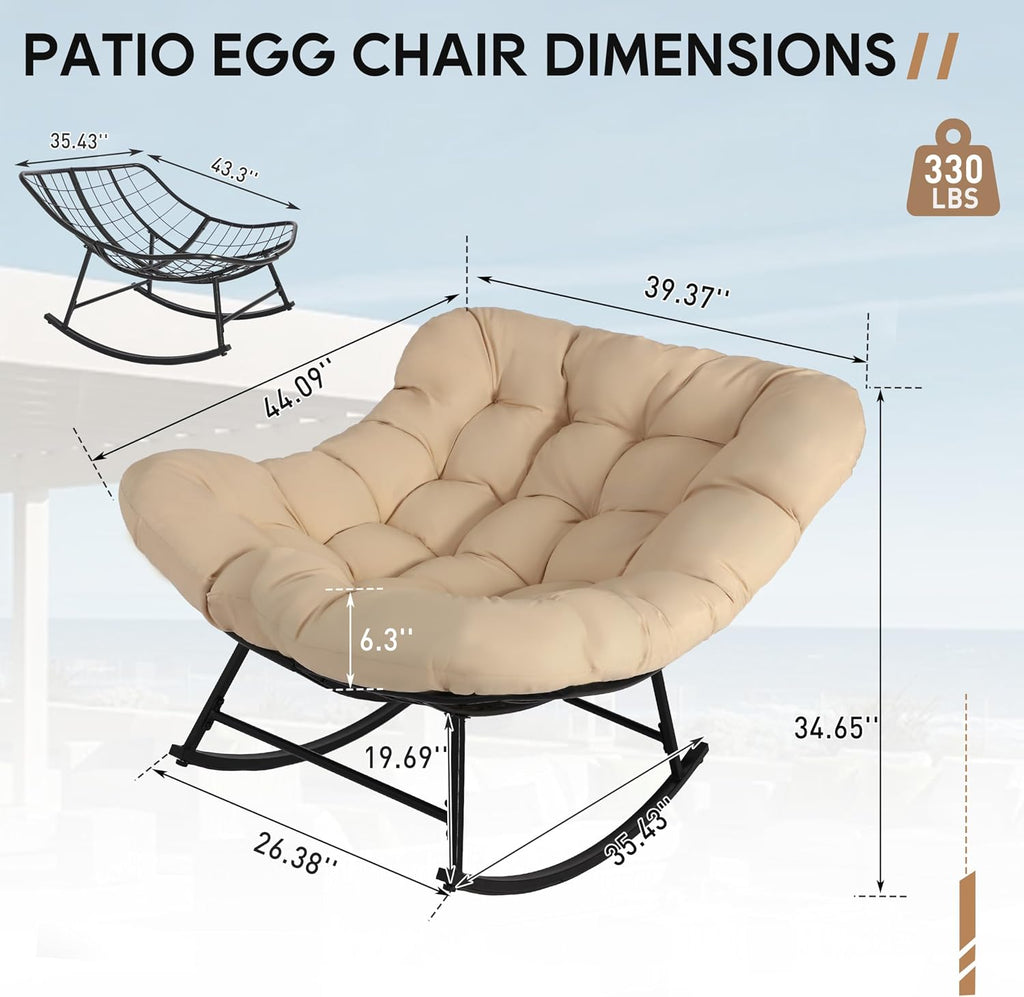 Oversized Outdoor Papasan Rocking Chair with Thick Cushion, Modern Egg Style Patio Rocker, Comfy Deep Seat Lounge