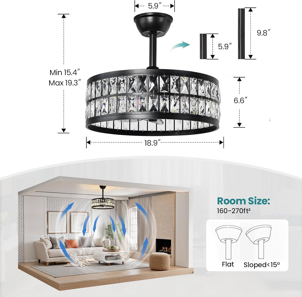 Black Caged Ceiling Fan with Light and Remote Control 19" Bladeless Crystal Modern Fandelier Semi Flush Mount