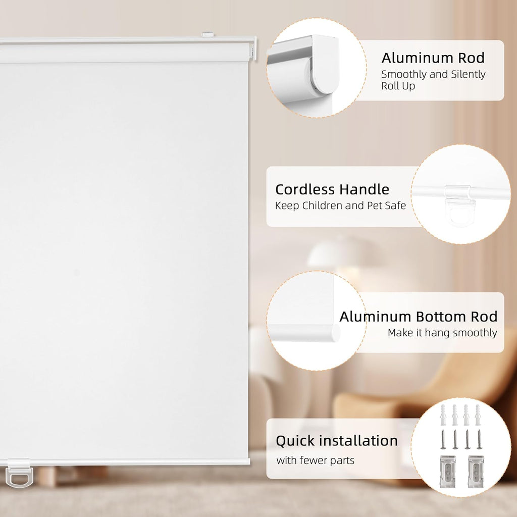 Cordless Blackout Roller Shades for Windows, Thermal Insulated UV Protection Pull Down Shades, Total Blackout Window