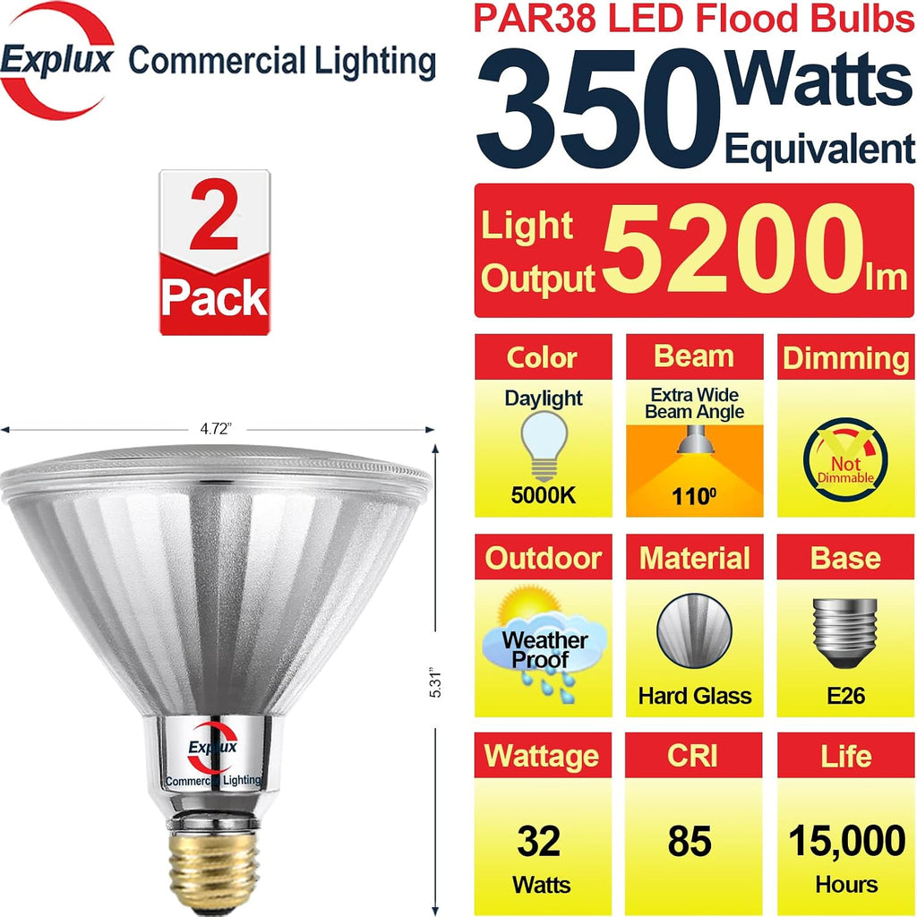 350 Watt Equivalent PAR38 LED Flood Light Bulb, Ultra Bright 5200 Lumens, Non-Dimmable, Full-Glass Outdoor Waterproof