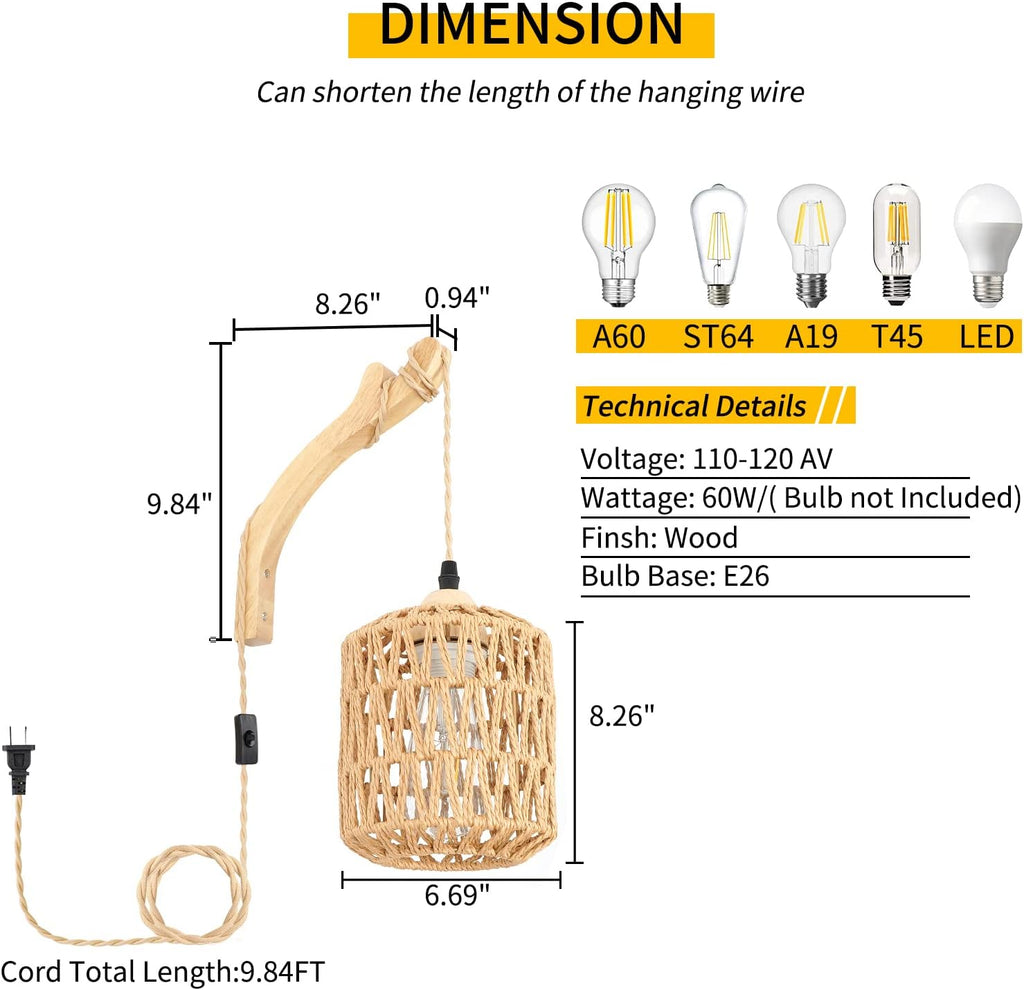 Plug in Wall Sconces Set of Two Hand Woven Lamp with Cord Rattan Lights Farmhouse Sconce Mounted Light Boho