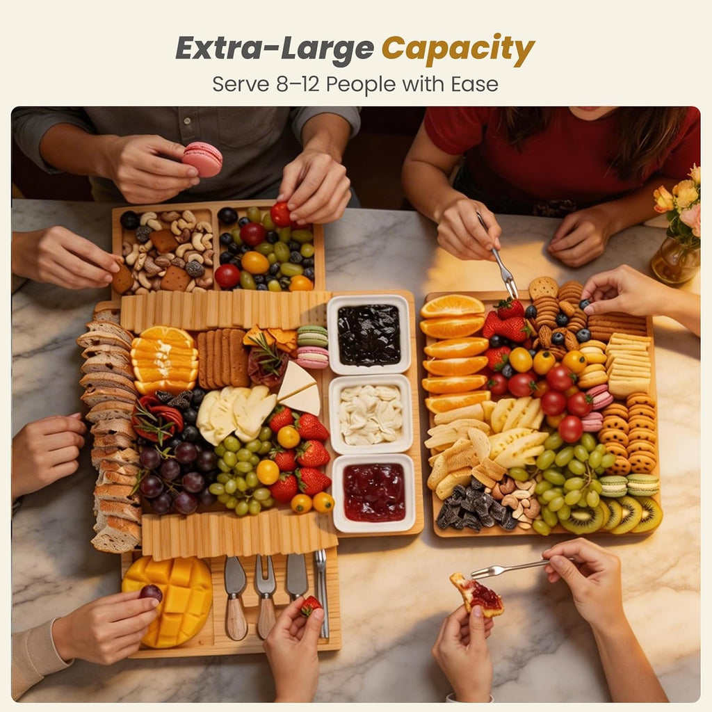 Large Bamboo Charcuterie Board, Double Pull-Out Trays Set, Natural | 15.8"x12.6" Cheese Board with Dual Pull-Out