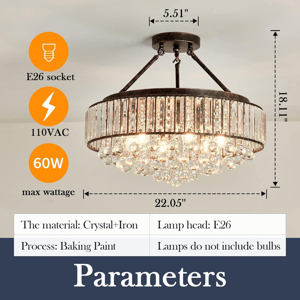 6 Light Modern Crystal Oil Rubbed Bronze Metal Semi Flush Mount Ceiling Light Fixture E26 Indoor Round Ceiling Lamp