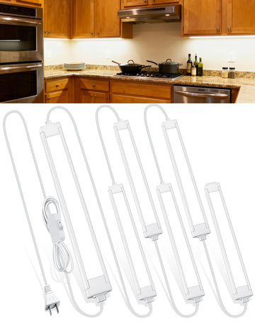 6 Pcs 14inch Plug in Under Cabinet Lighting, 6500k Bright White Linkable LED Under Counter Wired Lights