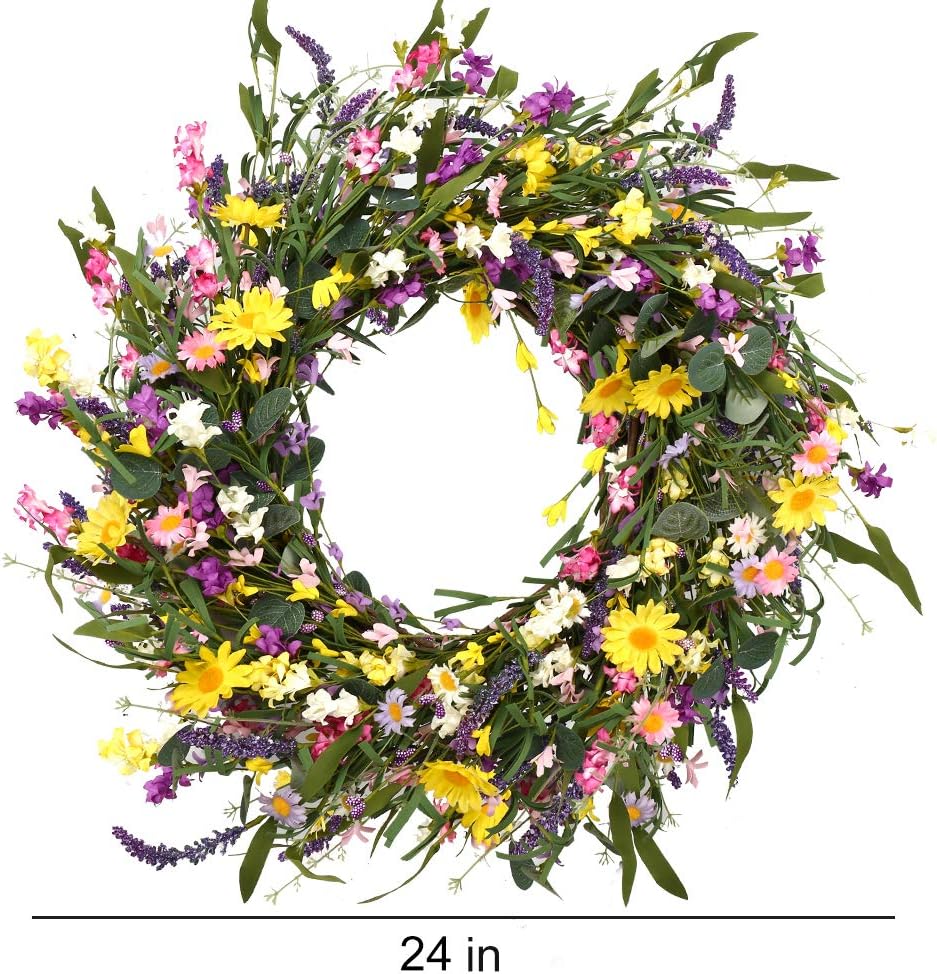 Spring Wreath 24 Inch Summer Wreaths for Front Door Artificial Flower Wreath with Daisy and Lavender Outdoor