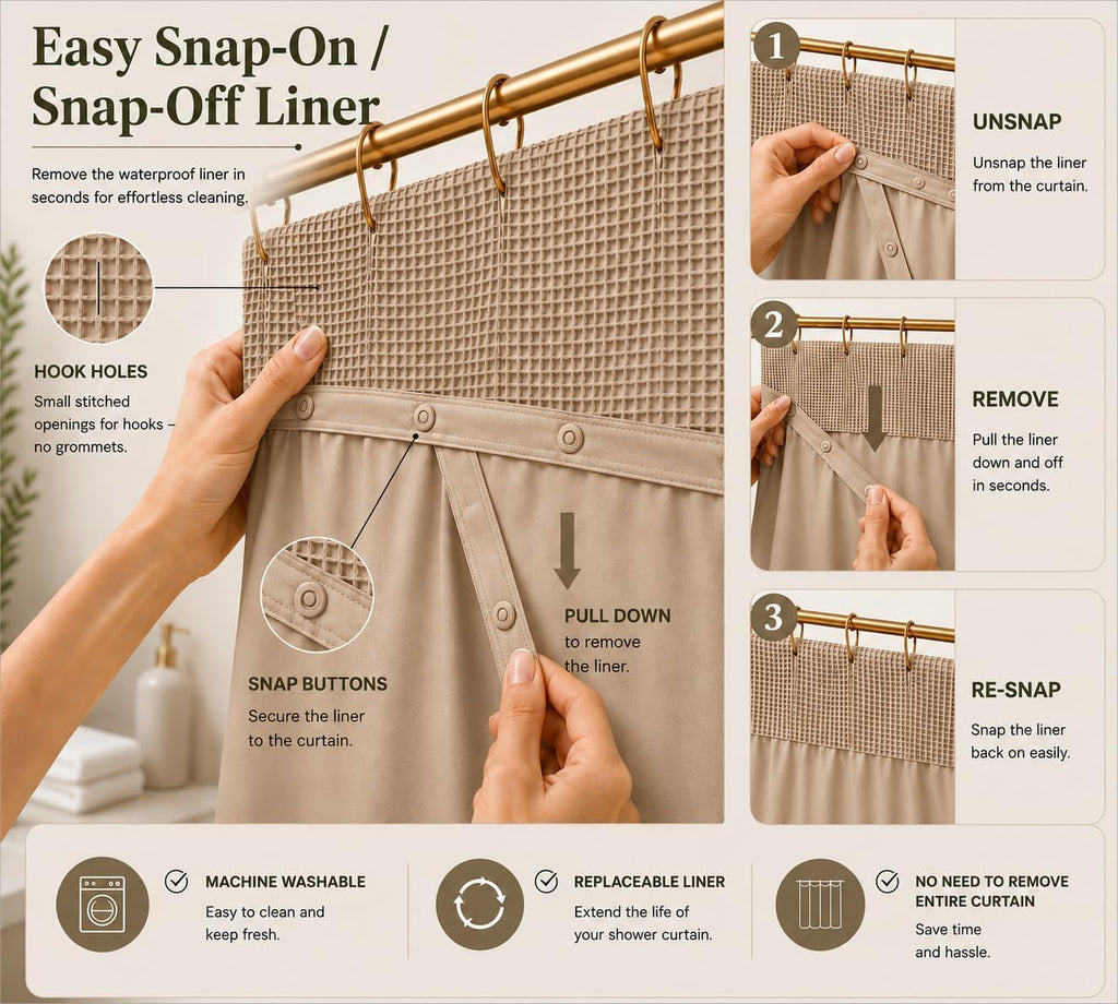 Hotel Style Waffle Weave Shower Curtain with Snap-In Waterproof Fabric Liner, Mesh Top Window, Water Resistant