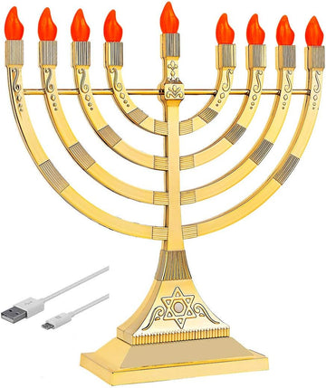 Zion Judaica LED Gold Menorahs Battery or USB Powered Menoras Electronic Hanukkiah Battery Minorah Flamless - Set of 2
