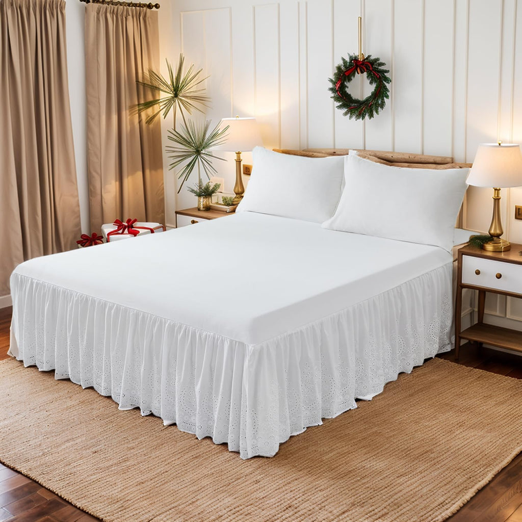White Eyelet Bed Skirt Queen Size 100% Cotton Ruffled Dust Ruffle Bed Skirt 18 Inch Drop with Embroidered Floral