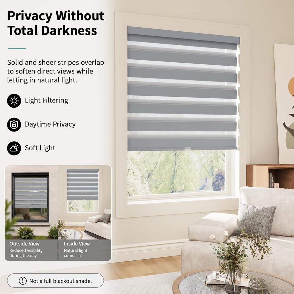 Cordless Zebra Blinds for Windows with Free-Stop(Gray,36" W x 72" H) Dual Layer Shades for Day & Night Privacy and