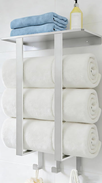Towel Rack Wall Mounted with 3 Hooks , Brushed | Stainless Steel Towel Storage for Small Bathroom, for Rolled Bath