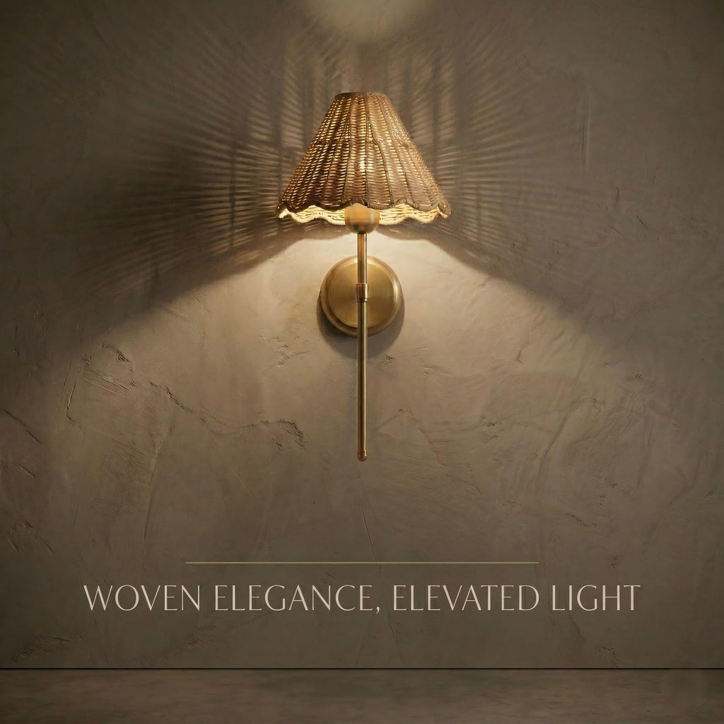 Rattan Wall Sconce Set of 2, Hardwired Boho Wall Sconces with Handwoven Rattan Shade, Gold Wall Lights, Bedside