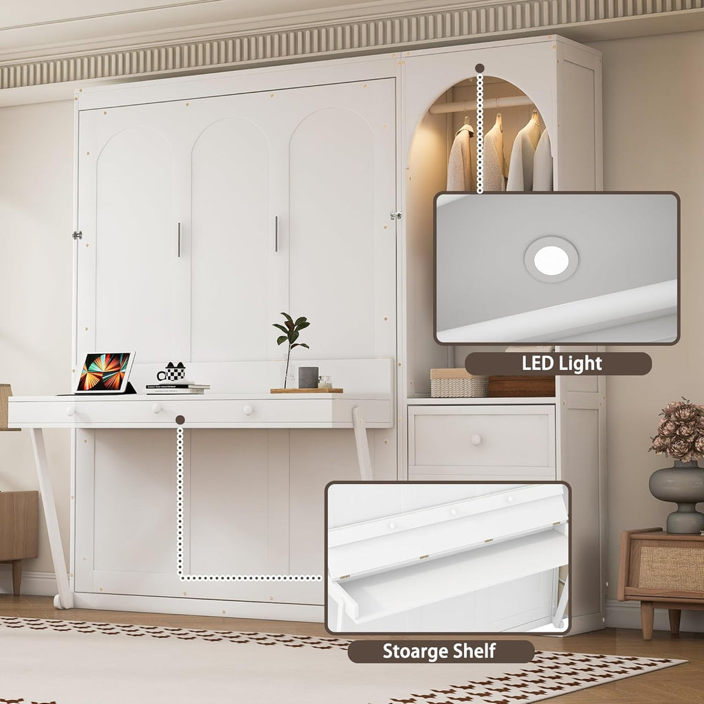 Queen Murphy Bed,Murphy Bed with Storage Shelf,LED Light Closet Rod and 3 Drawers,White