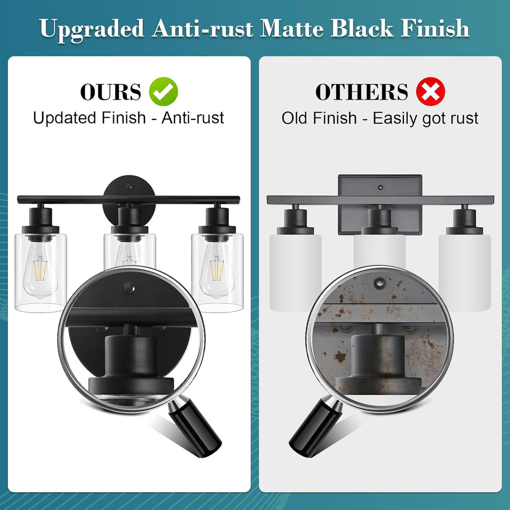 Modern Bathroom Light Fixtures, 3 Light Vanity Lights, Black Wall Lamp with Clear Glass , Mirror, Living Room