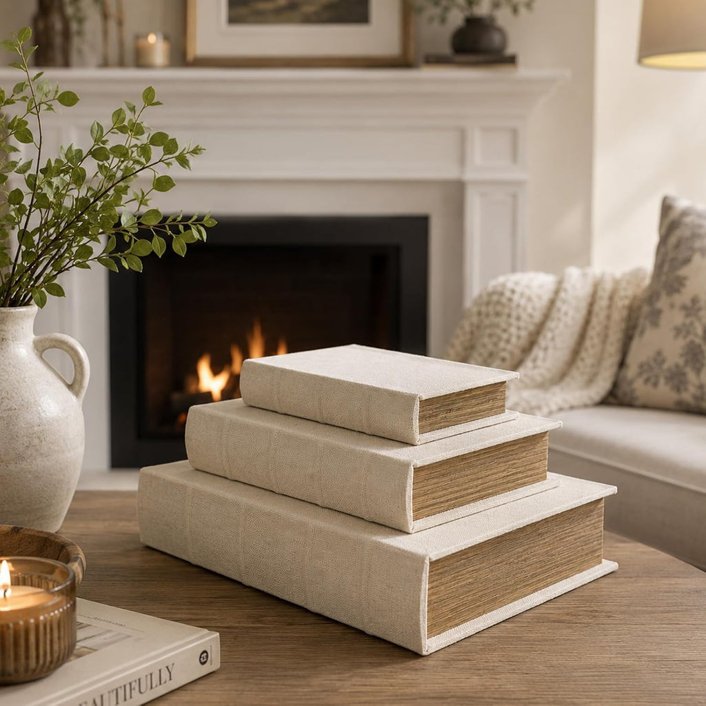 Decorative Book Boxes Set of 3 - Modern Faux Linen & Wood Hidden Storage for Coffee Table - Stackable Fake Books for