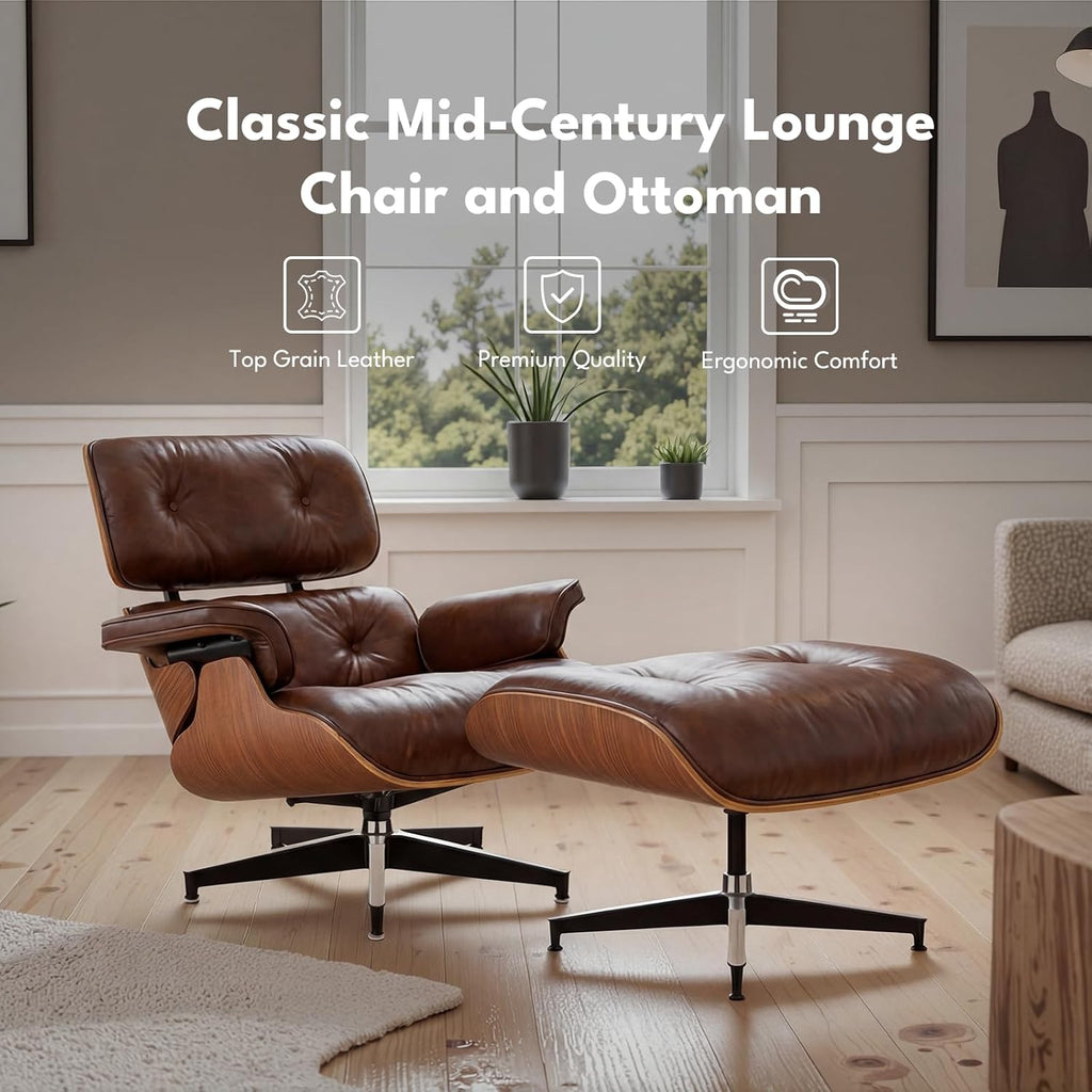 Modern Reading Chair and Ottoman — Walnut Leather