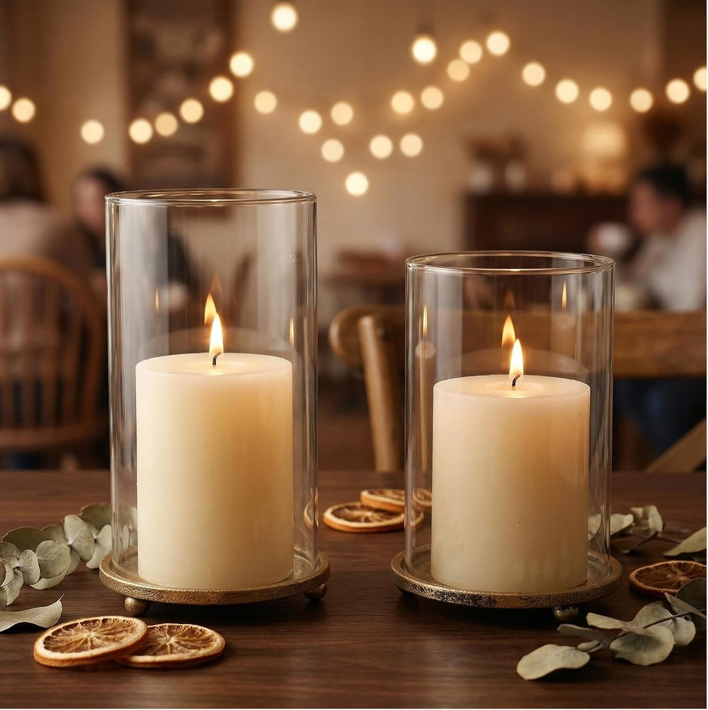 Hurricane Candle Holders Set of 2 - Pillar Candle Stands with Glass Sleeves for Fireplace Mantel & Dining Table