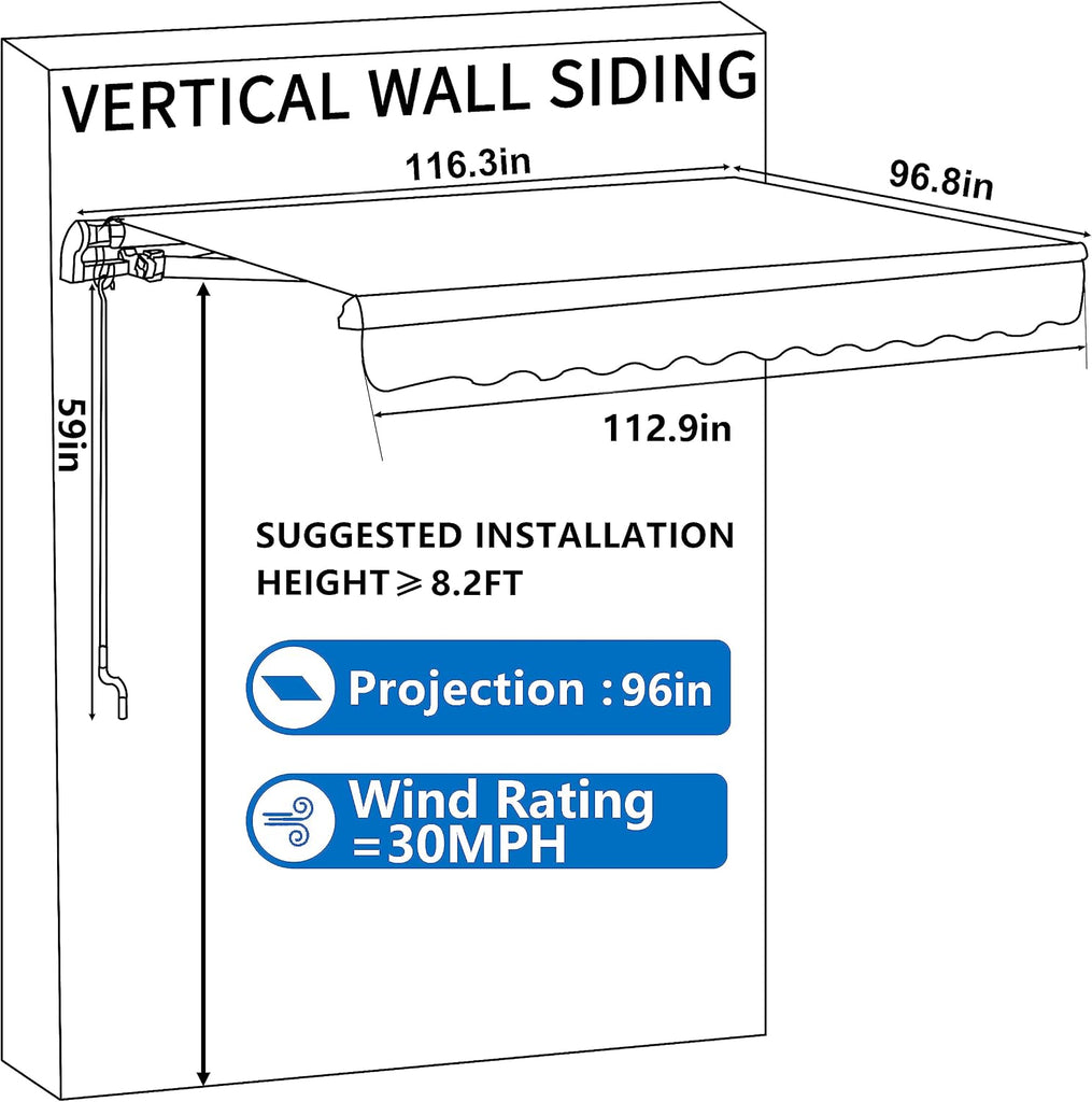 10'x8' Awnings , Manual Awning with Aluminum Frame, Retractable Awning Sunshade Window Door Shelter with Adjustable