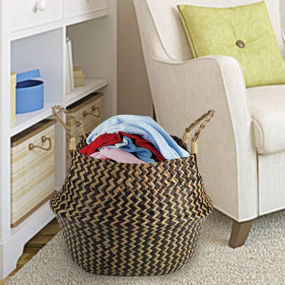 Seagrass Storage Basket, Woven Seagrass Basket, Woven Basket with Handle itory Decor Decor (Black Wavy Pattern)