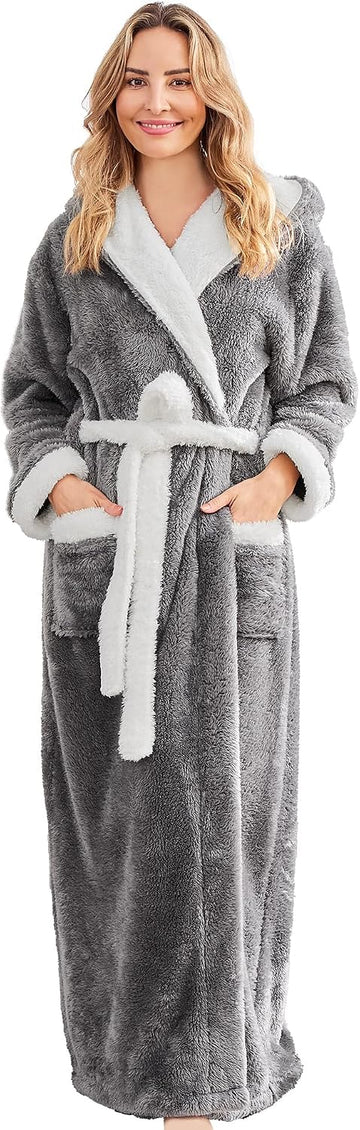 Long Robes For Women Floor Length, Fluffy Fleece Warm Cozy Hooded Bathrobe Plush Luxury Plus Size Winter Housecoat