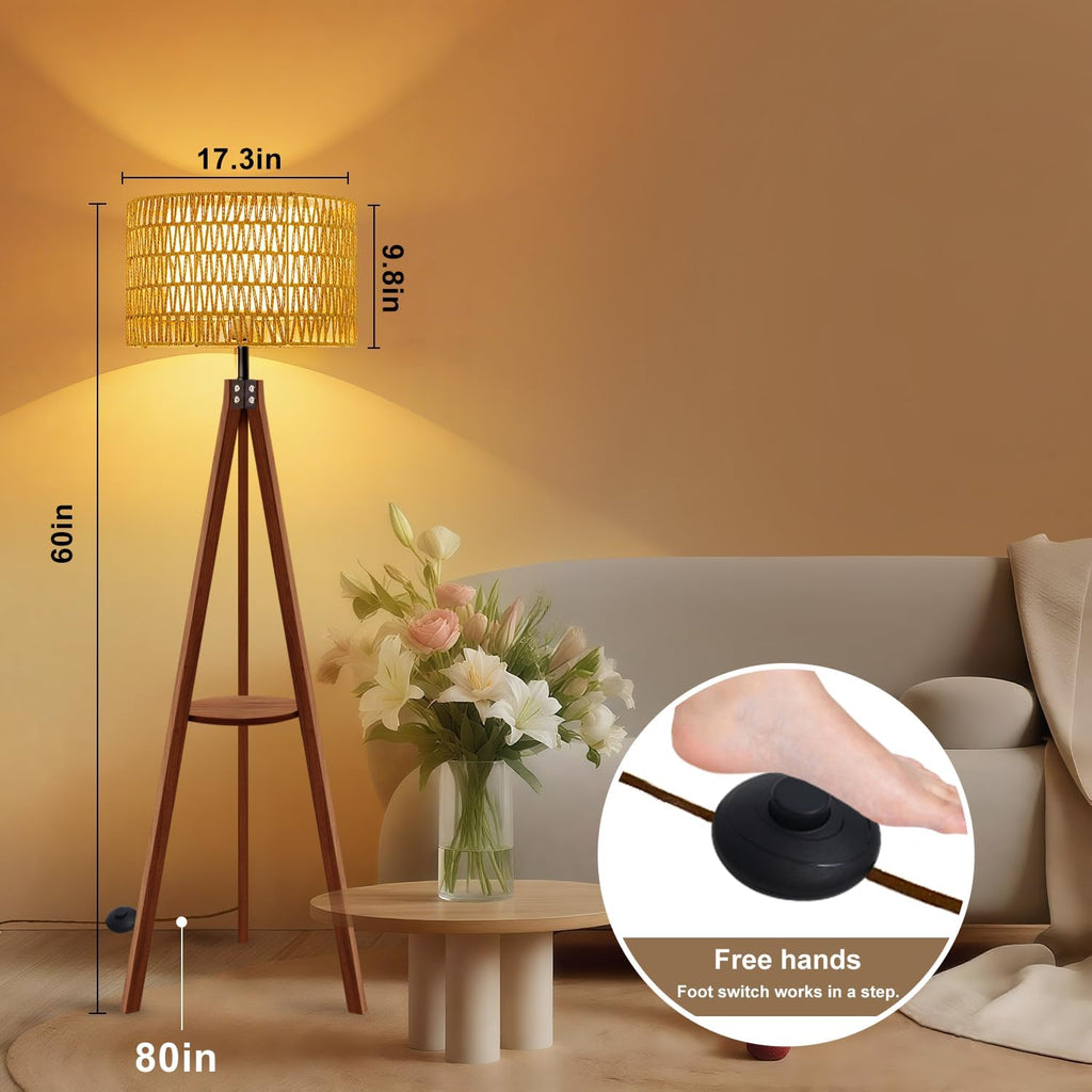 Rattan Wood Floor Lamp Tripod with Shelves, Mid Century Modern Floor Lamps, 3 Color Temperatures with Foot Switch