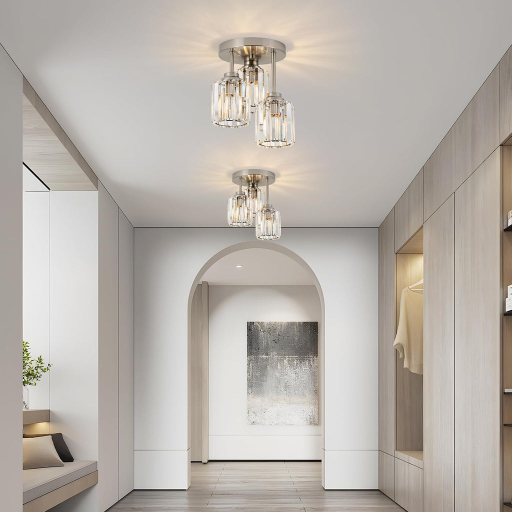Brushed Nickel Semi Flush Mount Ceiling Light, 3-Light Modern Crystal Chandelier with Clear K9 Crystal Shades