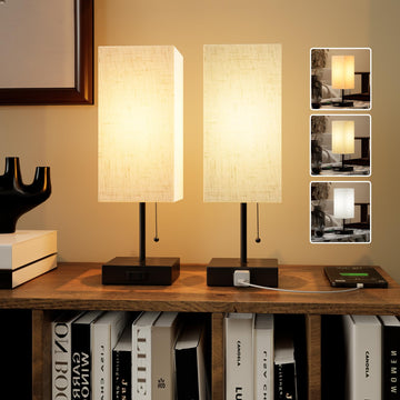Table Lamp, Nightstand Lamp for Bedside with AC Outlets, Adjustable 3color LED Light Desk Lamp Decor, Included Bulb and
