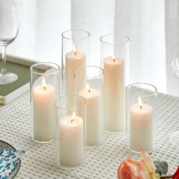 Set of 6 White Pillar Candles with Clear Glass Hurricane Holders- Elegant Cylinder Candle Vases for Weddings