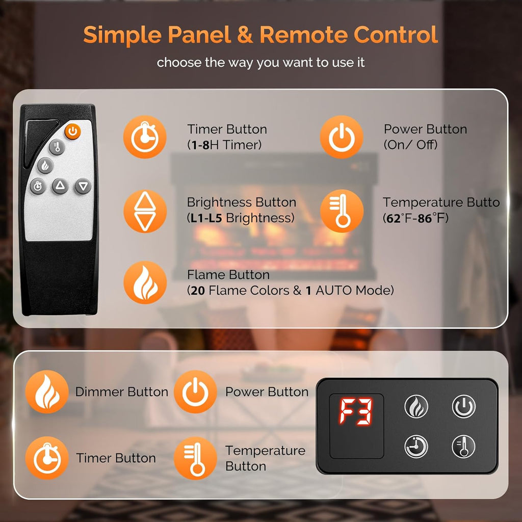 28 Inch 3-Sided Glass Electric Fireplace Insert, Electric Fireplace Heater with Remote Control