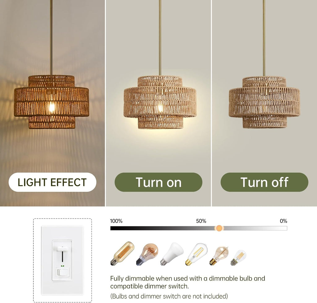 12.4" Boho Rattan Chandelier Light Fixture, 1-Light Hand Woven Pendant Light Fixture Farmhouse Rustic Hanging Lamp