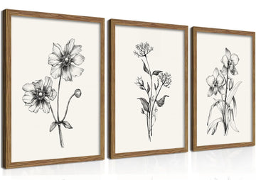 Minimalist Black and White Floral Wall Art Neutral Rustic Botanical Canvas Artwork, Vintage Floral Poster Set of