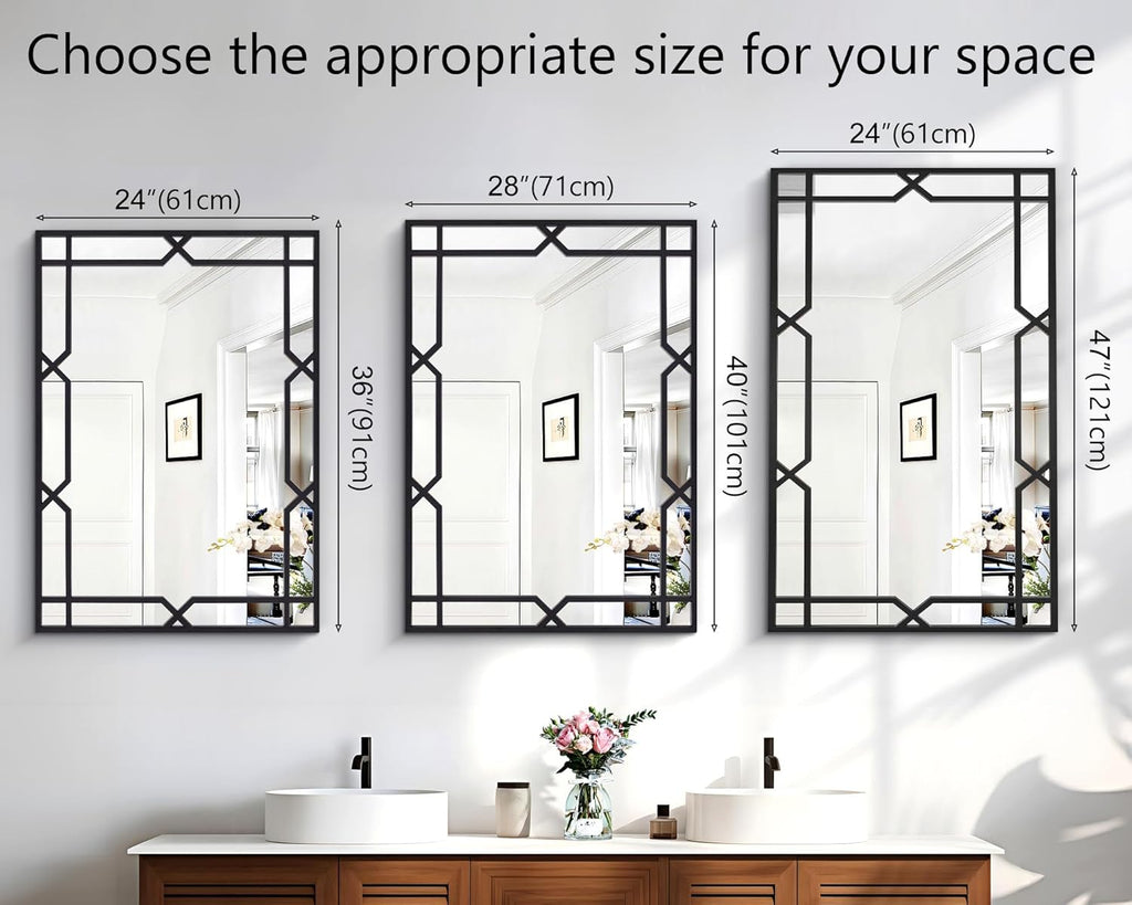 Large Living Room Mirror for Decor, 28" x 40" Rectangle Bathroom Mirror with Matte Black Metal Pipe Frame, Modern Wall