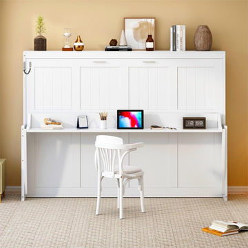 Queen Horizontal Murphy Bed with Desk,Wood Folding Hideaway Murphy Wall Bed for Adult,Guest Room,No Box Spring