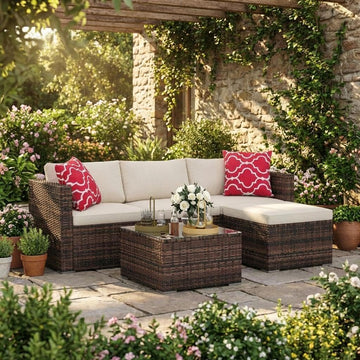 5-Piece L-Shaped Outdoor Patio Furniture Set, PE Wicker Sectional Sofa Set with Cushions and Tempered Glass Table