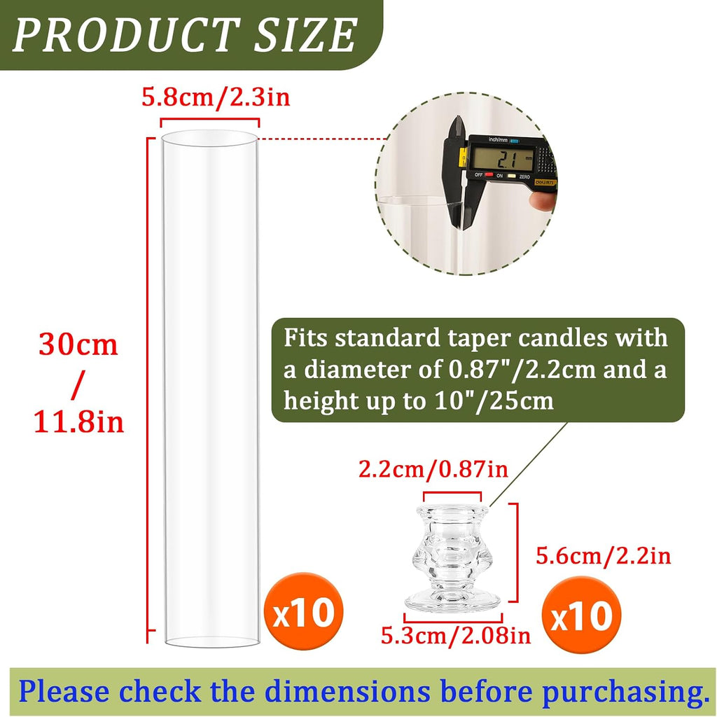 Hurricane Glass Candle Holders, Set of 10 Candlestick Holders for Taper Candle with 11.8" Tall Windproof Cylinder