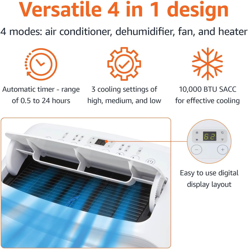 4-In-1 Portable Air Conditioner with Remote, Timer, Sleep Mode, Auto Swing, Cool/Heat/Dry/Fan-Only Functions