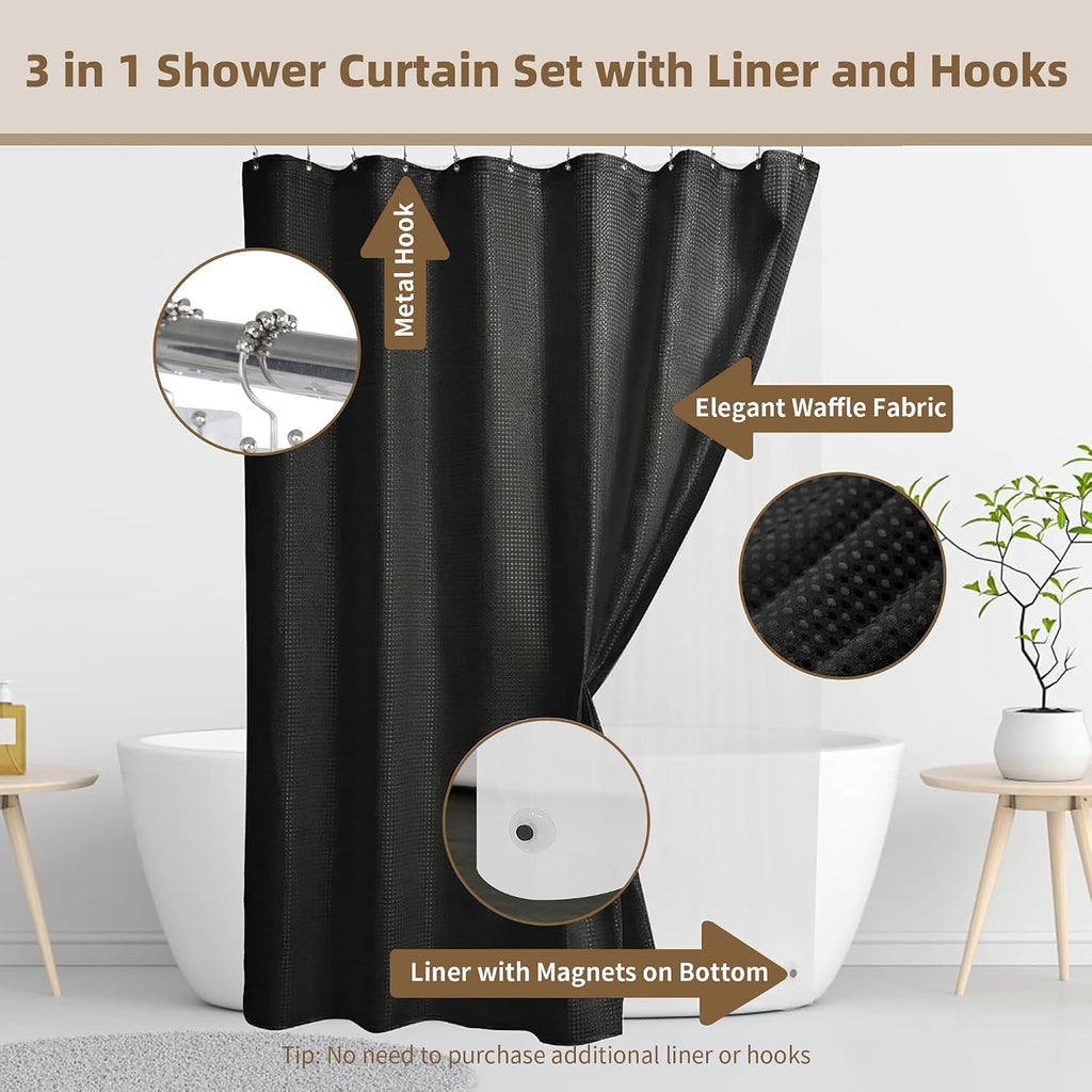 Shower Curtain and Liner Set, Waffle Shower Curtain Set with 12 Stainless Steel Hooks, Waterproof Luxury Fabric