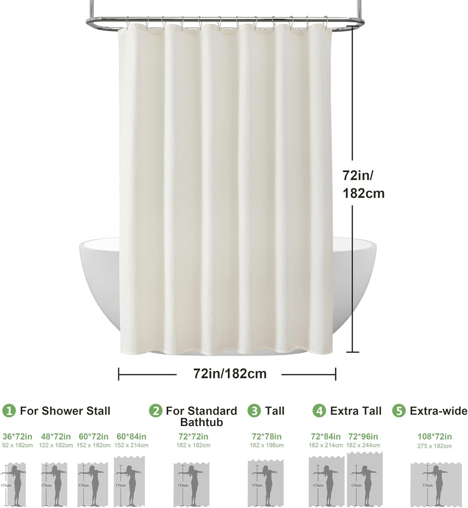 Waffle Weave Shower Curtain with Stainless Steel Hooks - 230 GSM Heavy Duty Fabric Bath Curtains, Hotel Luxury