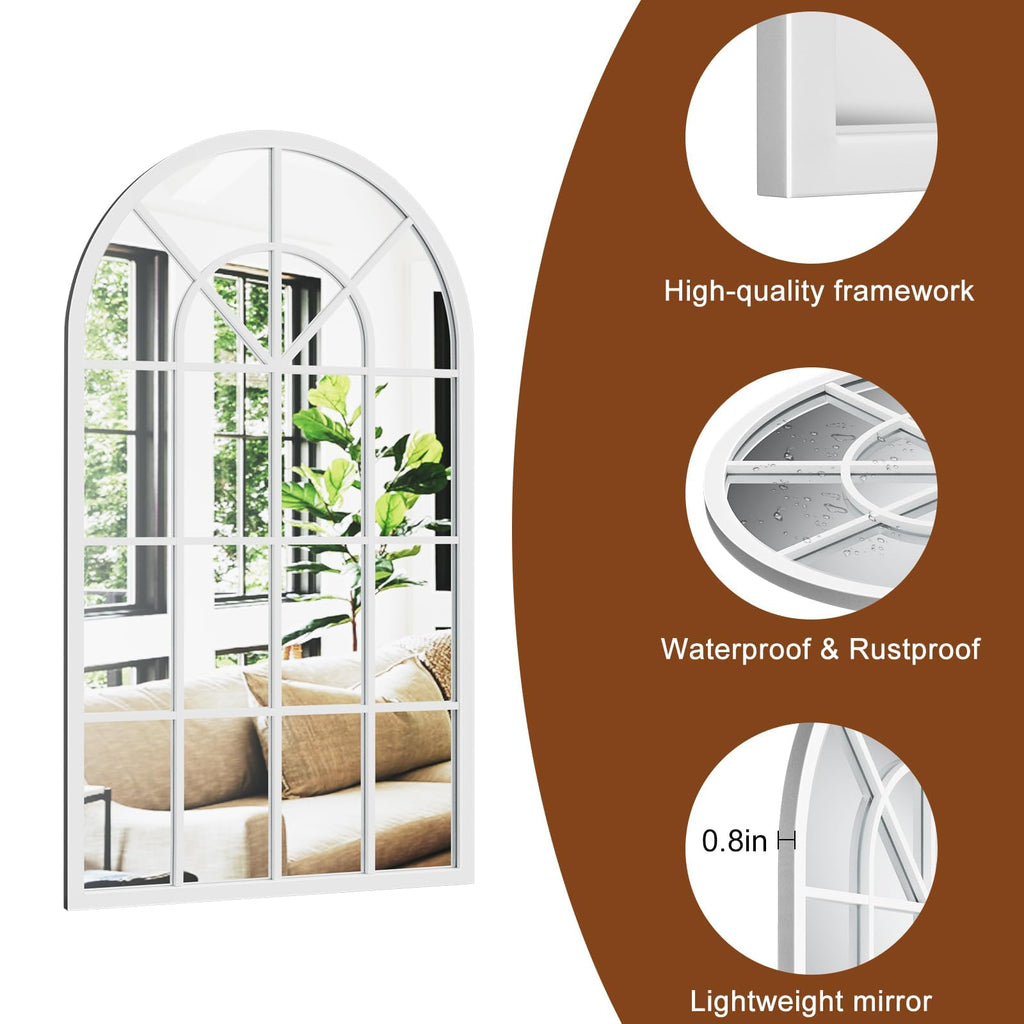 Arched Wall Mirror, 42"x30" Metal Frame Windowpane Mirror, White