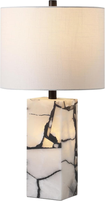 24.25" Black/White Modern Alabaster LED Table Lamp Decor, White Linen Shade