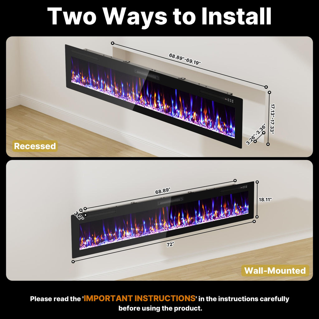 72" Ultra Thin Electric Fireplace Wall Mounted, Slim Fireplace Insert, Wall Fireplace /Bedroom w/Touch Screen, Remote
