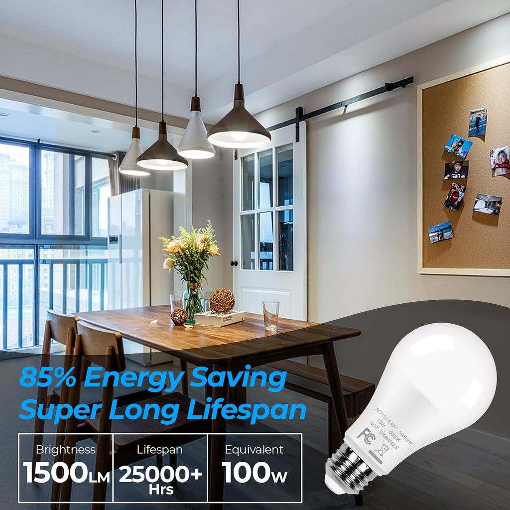 12-Pack A19 LED Light Bulbs 100W Equivalent Bulbs, Super Bright 1500 Lumens 13W 5000K Daylight White Bulbs with Standard E26 Medium Base, CRI85+, No Flicker Non-Dimmable Energy Saving Bulbs for Lamp