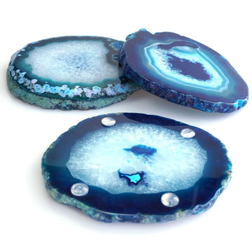 Blue Agate Coasters Set of 4 3-4'', Crystal Geode Stone Coasters with Rubber Bumpers, Agate Slices for for Drink Home