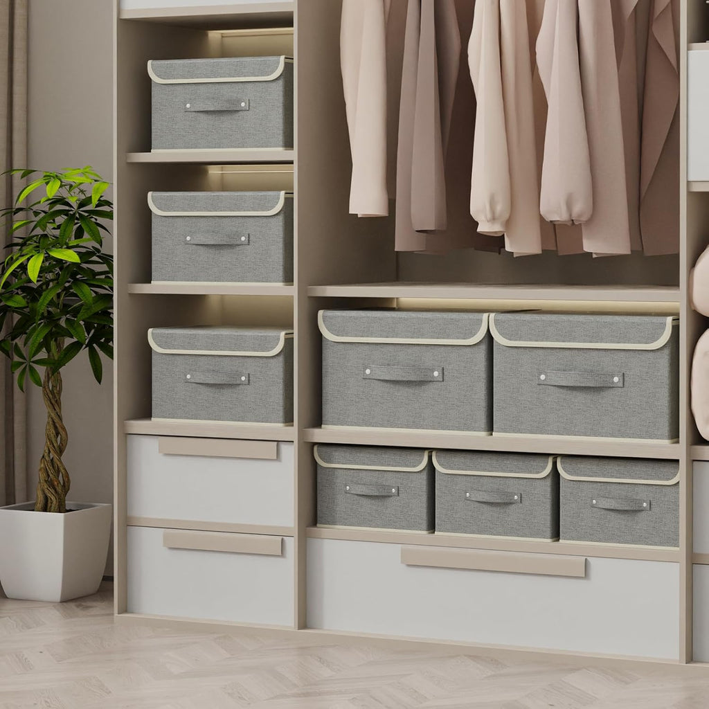 Foldable Fabric Storage Cubes with Lids,Grey 10.2x7.9x6.7in,3 Pack | Storage Bins with Handles,PP Panel Closet