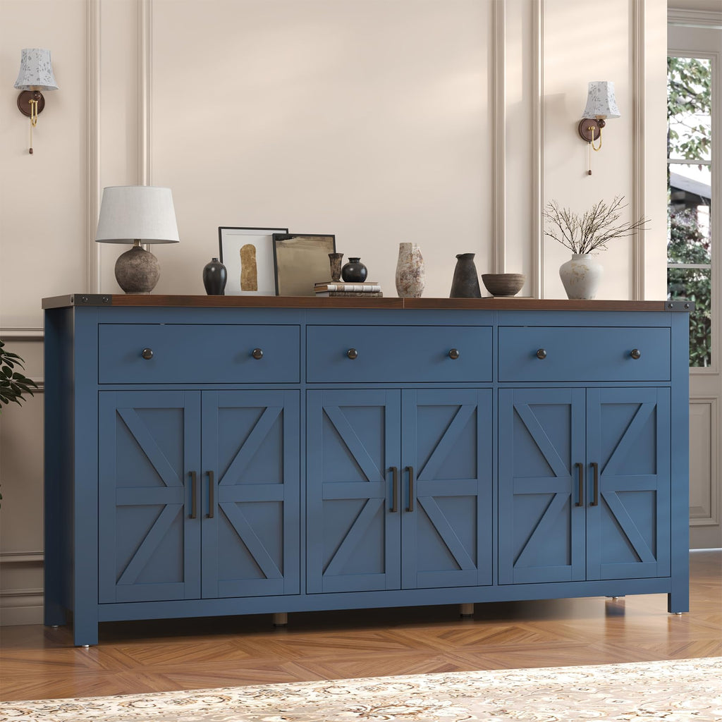 71" Large Sideboard Buffet Cabinet with Storage, Modern Farmhouse Coffee Bar with 3 Drawers and 6 Barn Doors, Dining